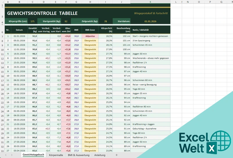 Gewichtstabelle Excel Vorlage
