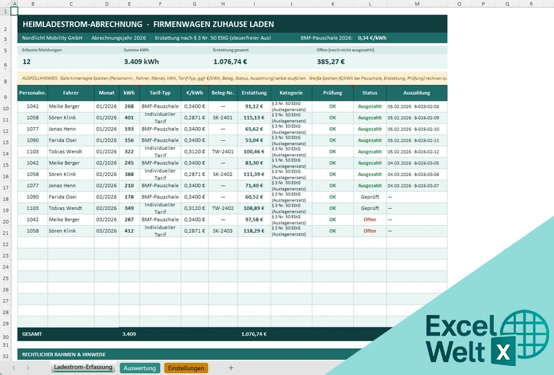 firmenwagen zuhause laden abrechnung excel