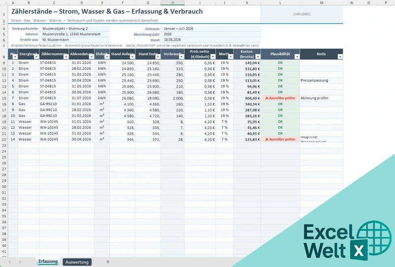 Zählerstände Strom Wasser Gas Excel