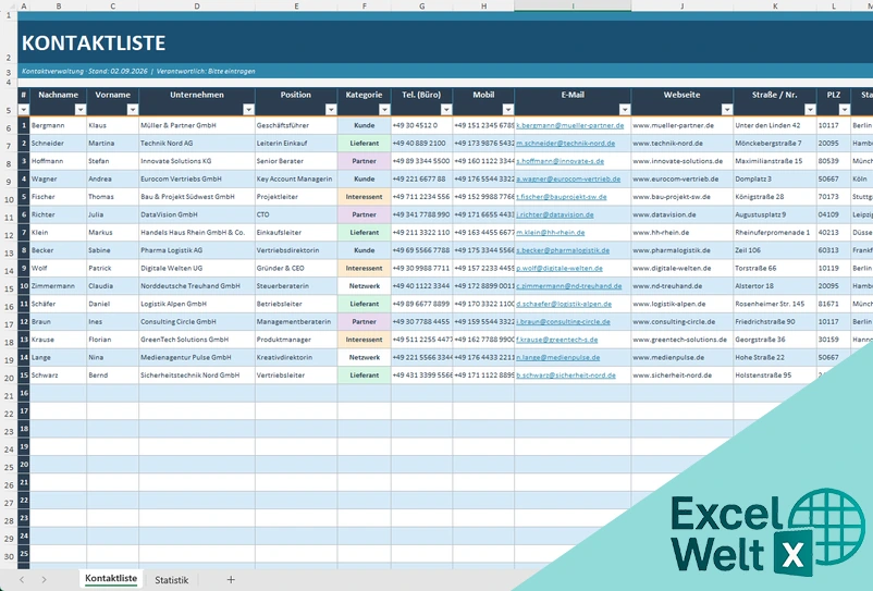 Kontaktliste Excel Vorlage