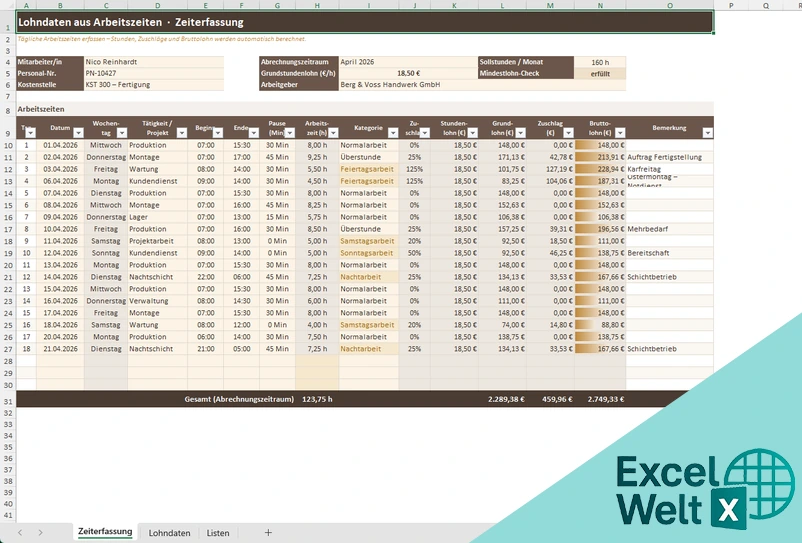 Lohndaten aus Arbeitszeiten Excel Vorlage