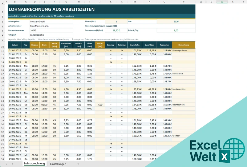 Lohndaten aus Arbeitszeiten Excel