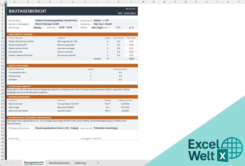 Bautagesbericht Excel Kostenlos