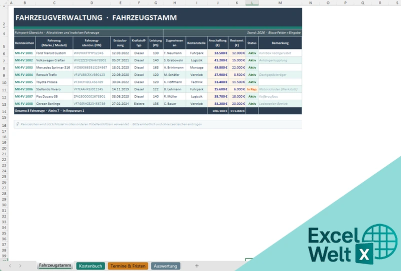Fahrzeugverwaltung Excel Vorlage