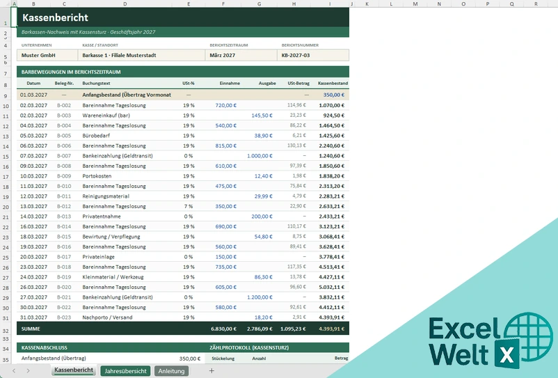Kassenbericht Excel