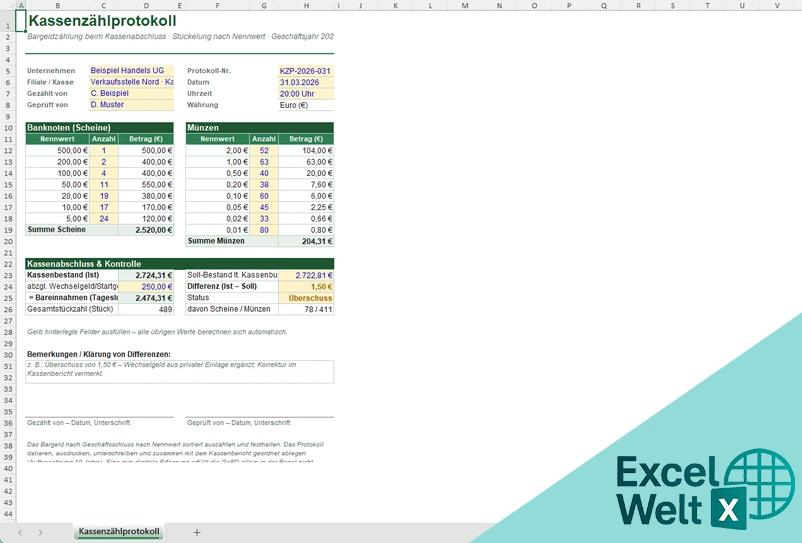 kassenzaehlprotokoll excel kostenlos
