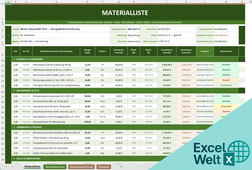 Materialliste Excel Vorlage