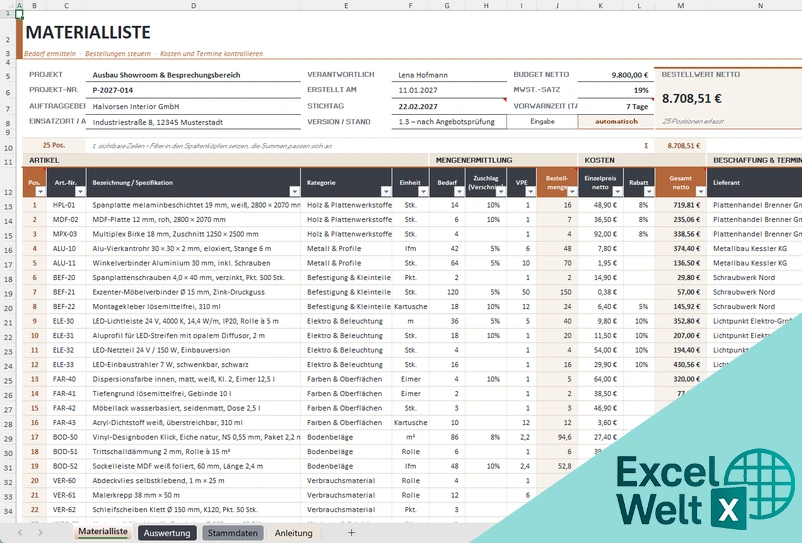Materialliste Vorlage Excel